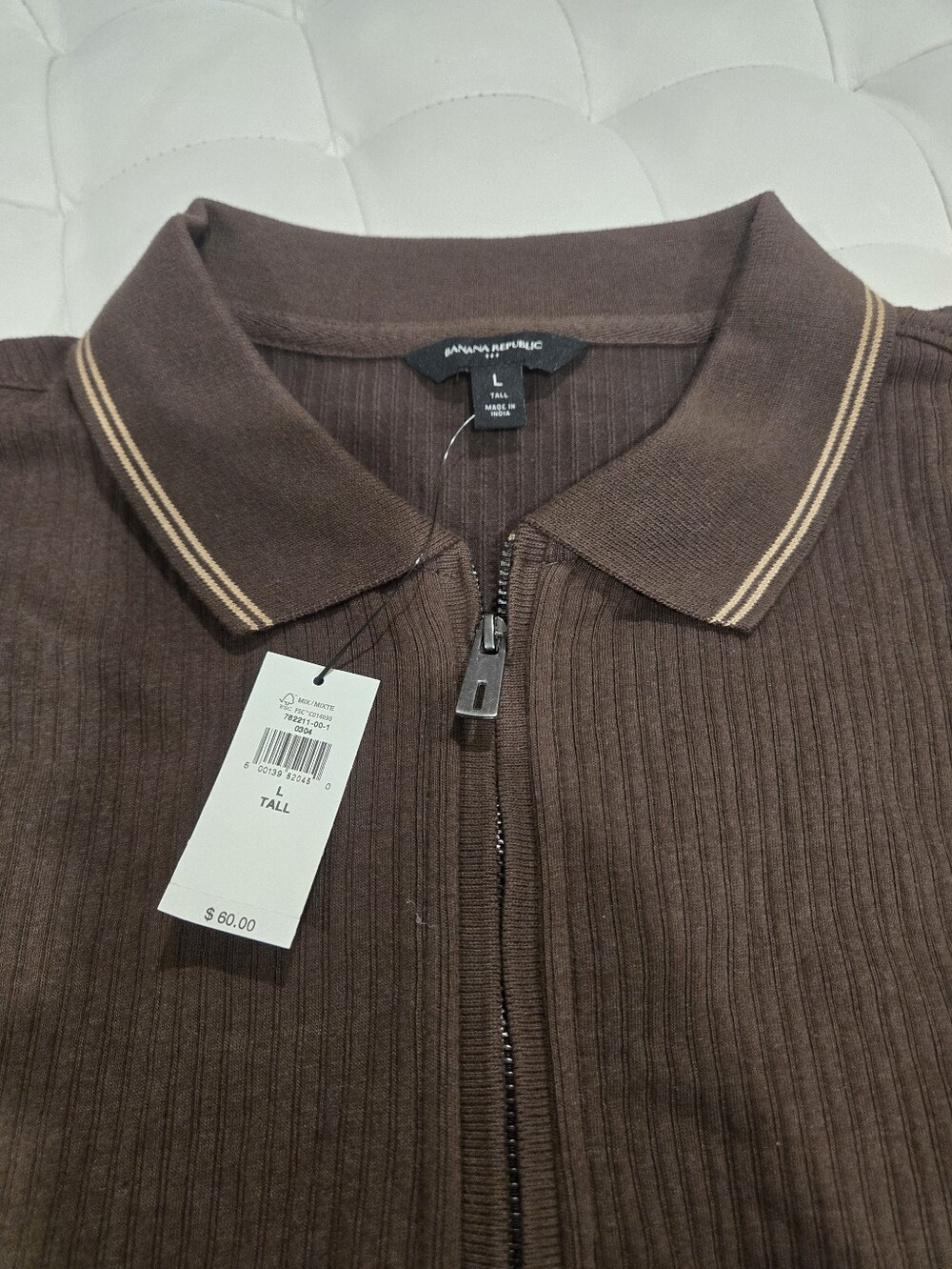 Men's Textured Brown Zip-Front Ribbed Polo Sweater NWT